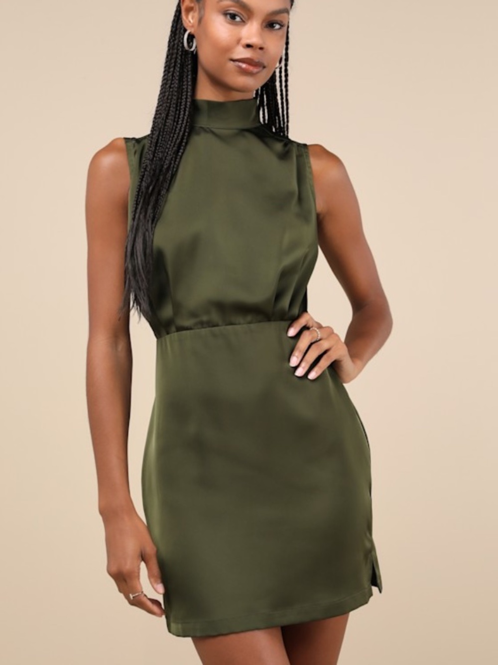 Lulus Classic Elegance Olive Satin Sleeveless Mock Neck Mini Dress Green
